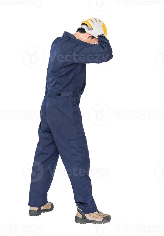 Workman with blue coveralls and hardhat in a uniform with clipping path photo