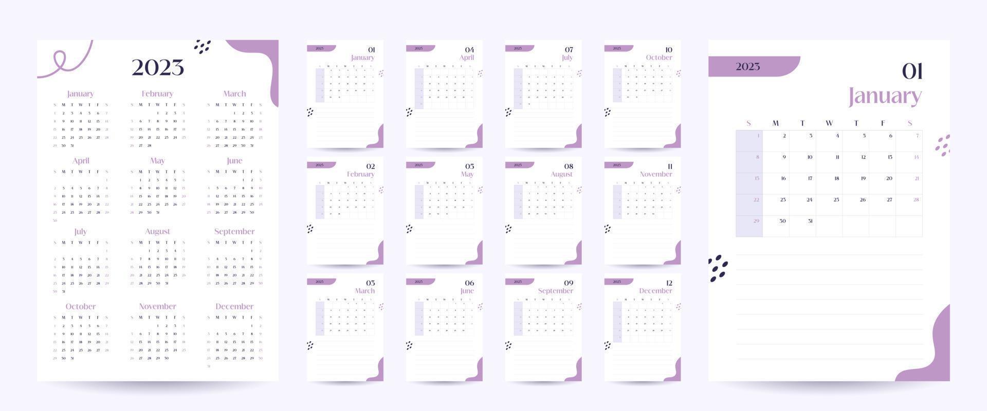 plantilla de calendario de pared mensual 2023 en estilo minimalista moderno, concepto de portada, semana comienza el domingo, diseño de planificador de calendario mínimo 2023 para plantilla de impresión en púrpura vector