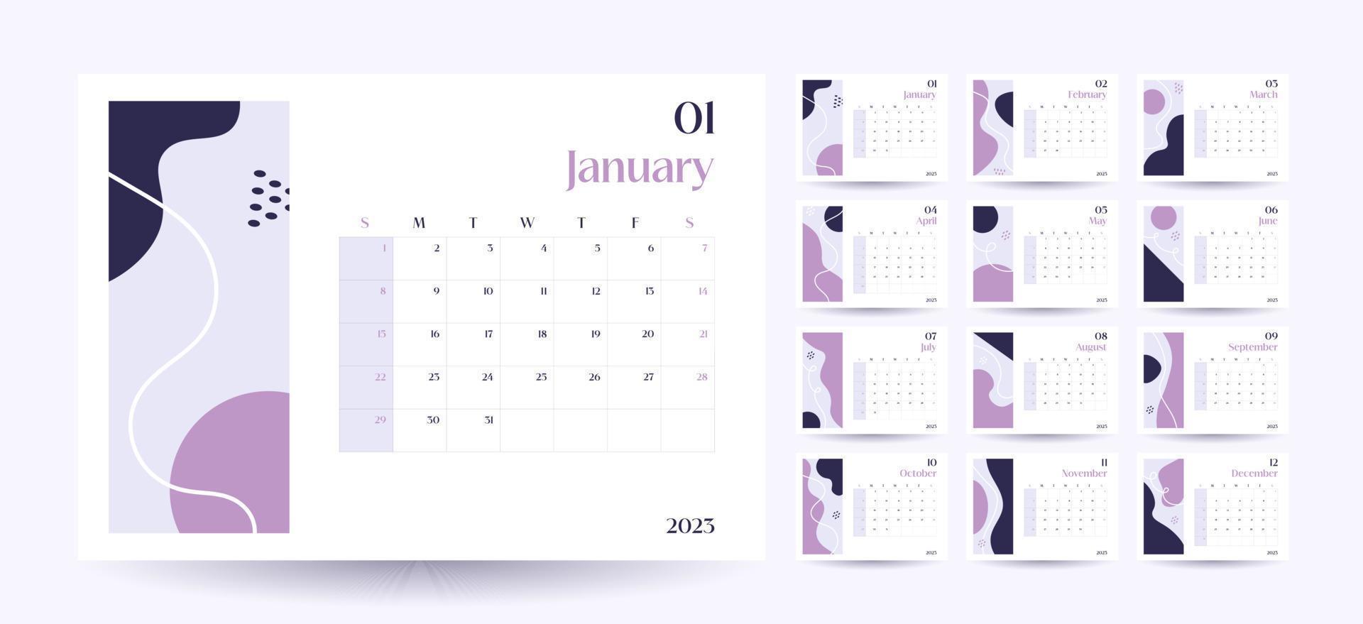Monthly wall calendar 2023 template in trendy minimalist Style, cover concept, set of 12 pages desk calendar, 2023 minimal calendar planner design for printing template in purple vector