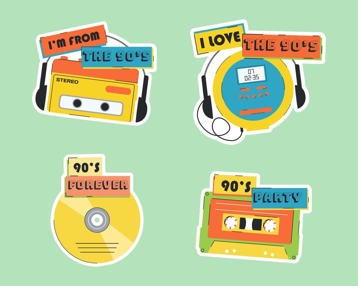 Set of vector stickers in the style of 1990's. Retro music gadget. Vector tape and player.