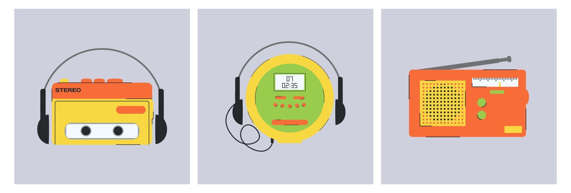 Set of audio and CD player of the 1990s. Set of vector elements in retro design. 90s style vector objects.