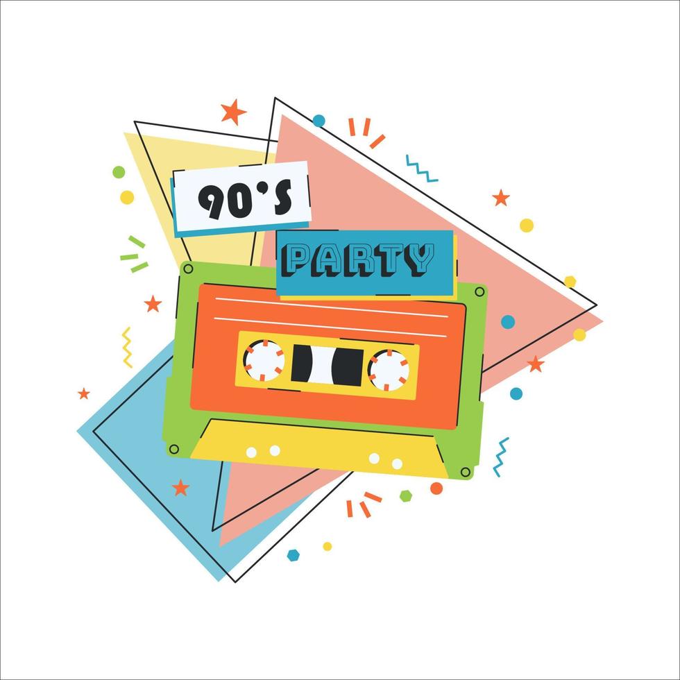 Retro poster in the style of 1990s.  Vector tape cassette with title 90s party.