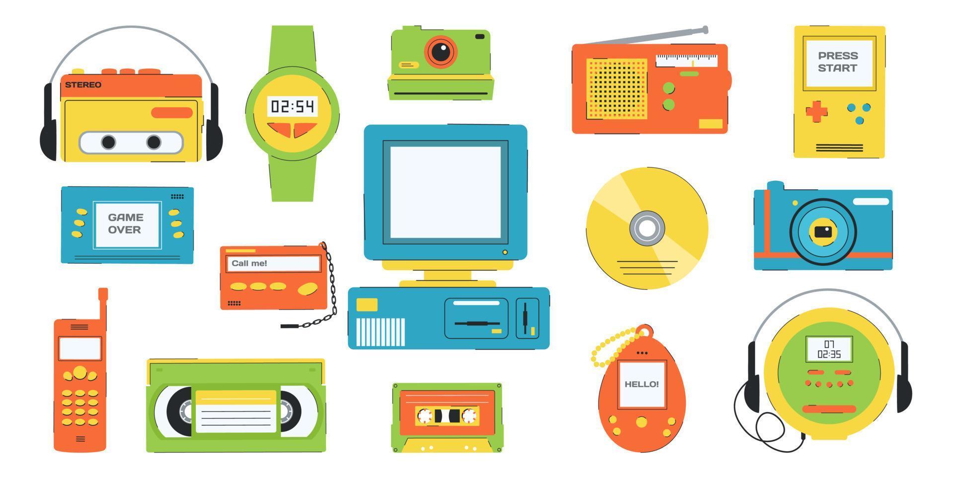 Set of vector elements in retro design. 90's style vector objects. Nostalgia for 1990s. Collection of 90s electronics computer, portable games, player, phone.
