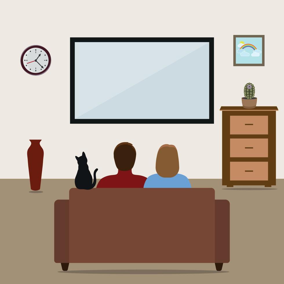 Man and woman with a cat on the couch watching TV vector