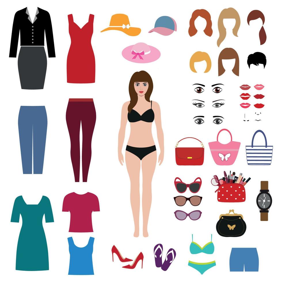 Woman with a set of clothes and cosmetics vector