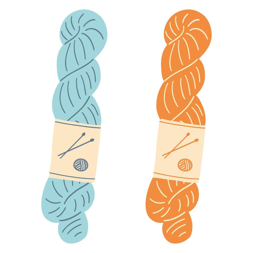 Colorful hank yarn for knitting or crochet. Hand drawn vector illustration of knitting supplies, hobby items, leisure time concept