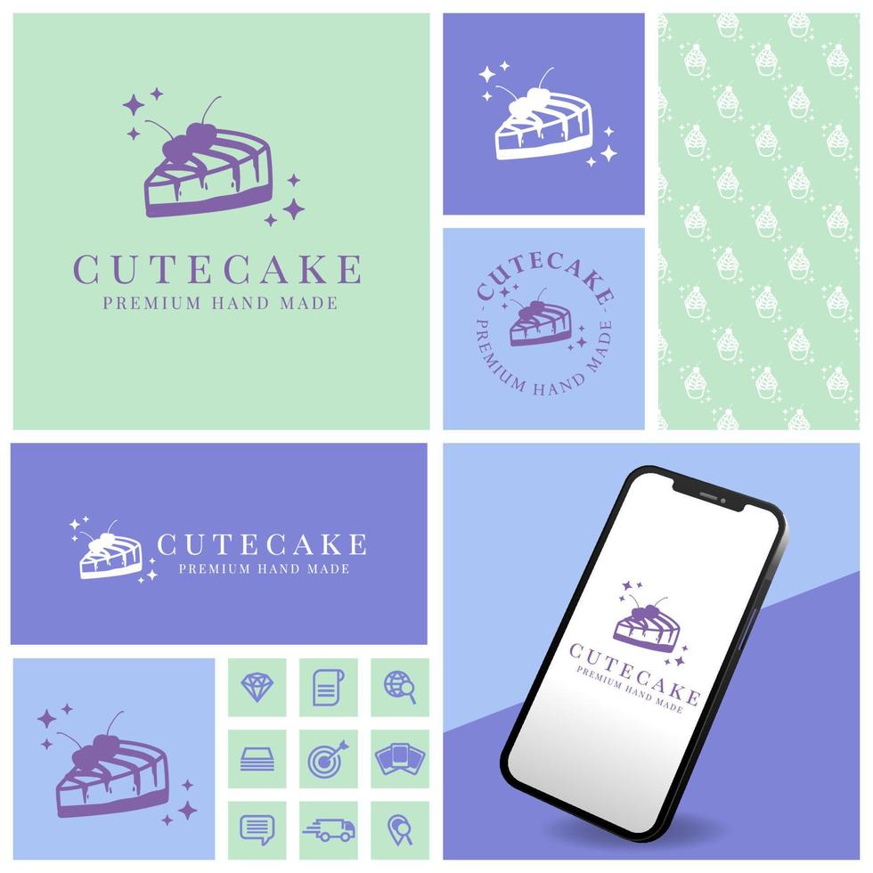 cute simple cake logo with seamless pattern and mockup vector