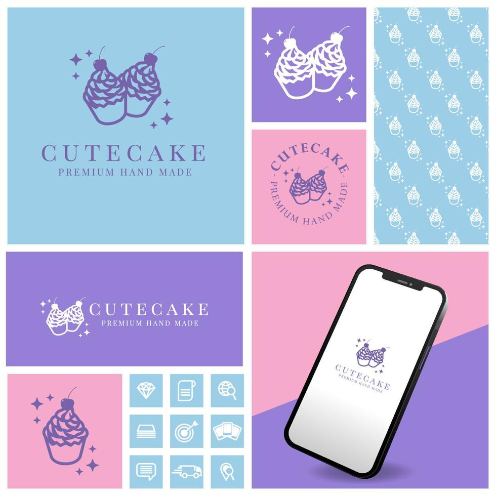 cute simple cake logo with seamless pattern and mockup vector