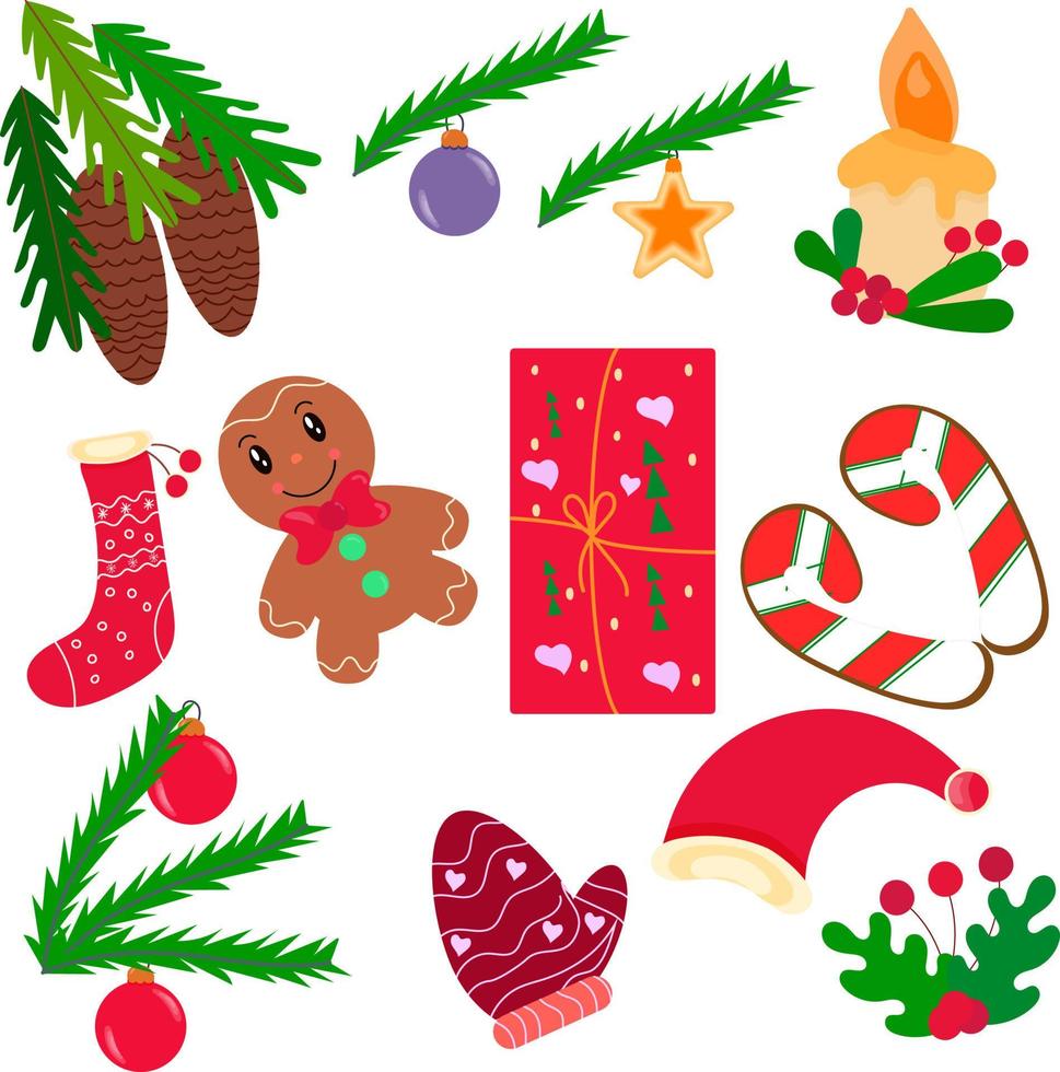 Set with Christmas decorations. Christmas tree branches, glass toys, sweets, clothes, candles and gift wrapping. Vector illustration.