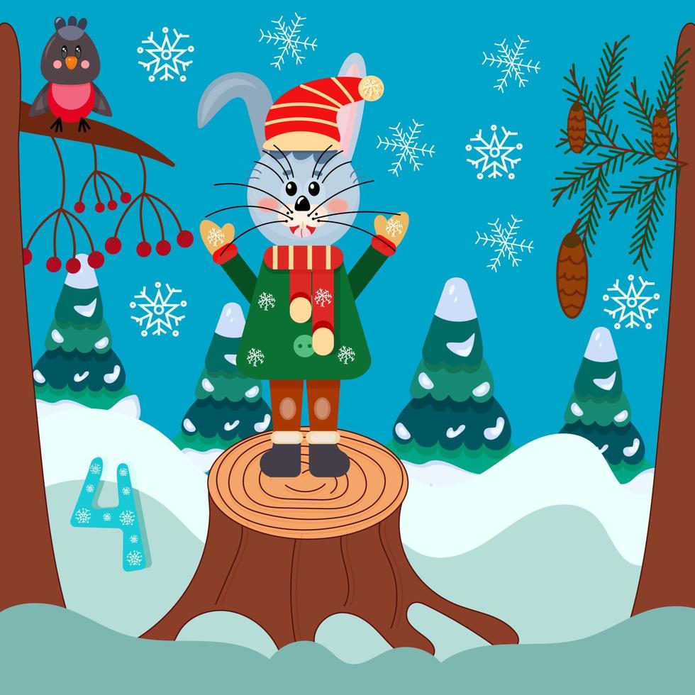 Fourth day of the New Year's advent calendar. Cute rabbit stands on a stump and catches snowflakes. Vector cartoon illustration.