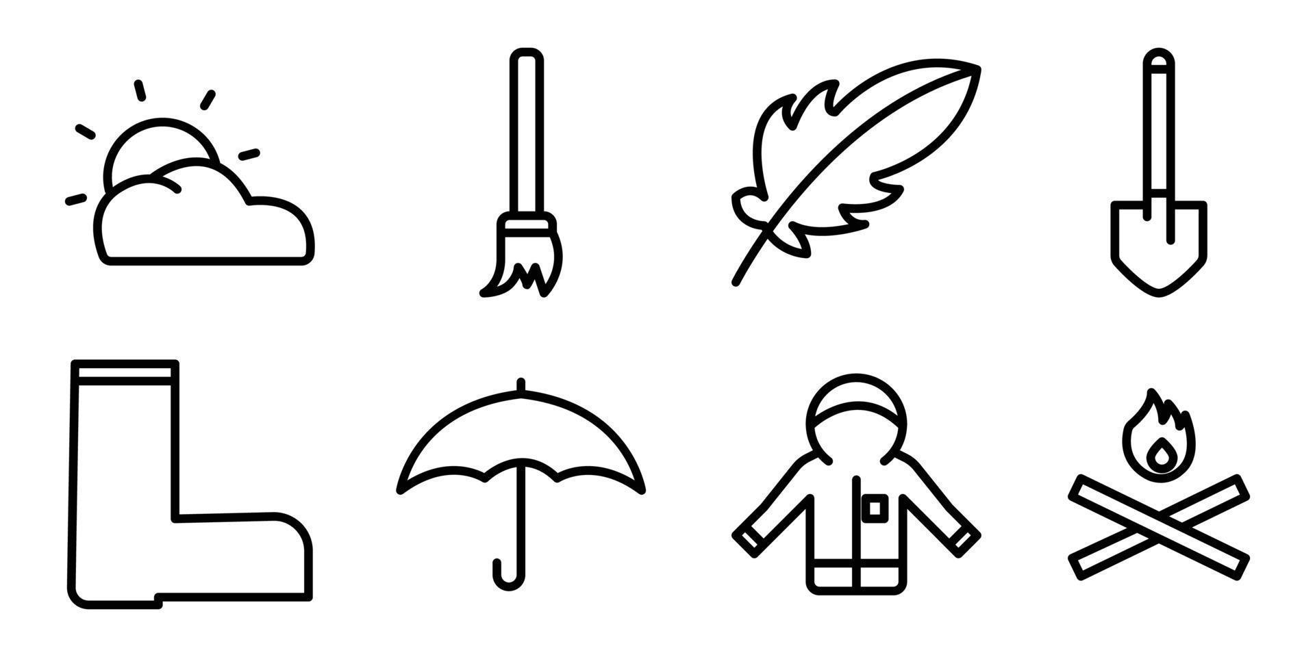 ilustración del conjunto de iconos relacionados con la caída. estilo de icono de línea. contiene íconos como sol y nubes, escobas, hojas, palas, botas de jardín, paraguas, impermeables, hogueras. diseño vectorial simple editable vector