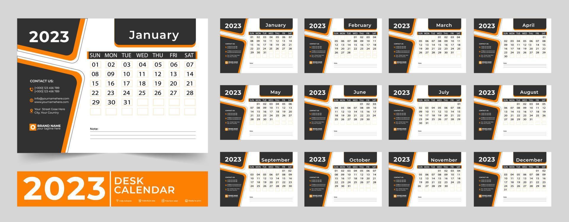 calendario 2023 planificador conjunto de diseño de plantillas corporativas. la semana comienza el lunes. plantilla para el calendario anual 2023. plantilla de calendario mensual para el año 2023 vector