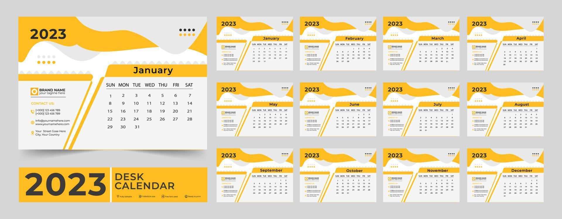 calendario 2023 planificador conjunto de diseño de plantillas corporativas. la semana comienza el lunes. plantilla para el calendario anual 2023. plantilla de calendario mensual para el año 2023 vector