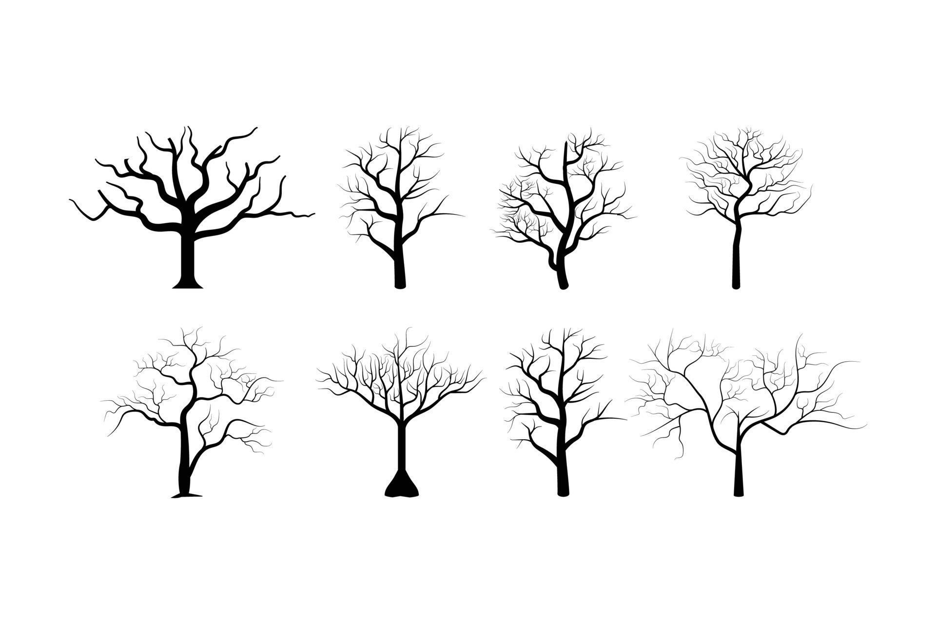 Dead tree silhouettes vector. Dying black scary Spooky trees forest