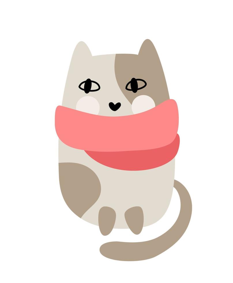 Cute baby cartoon vector winter cat wrapped in Christmas scarf. Color doodle scandinavian style for new year. Graphic resource for graphic, content, banner
