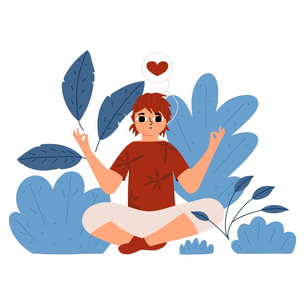 Little teen girl sits in the lotus position. Mental positive health on the nature of the child. Vector illustration in flat style