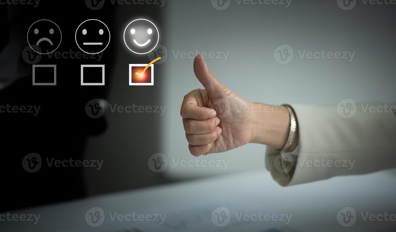 Businesswoman showing a thumbs up sign, Customer experience satisfaction. photo