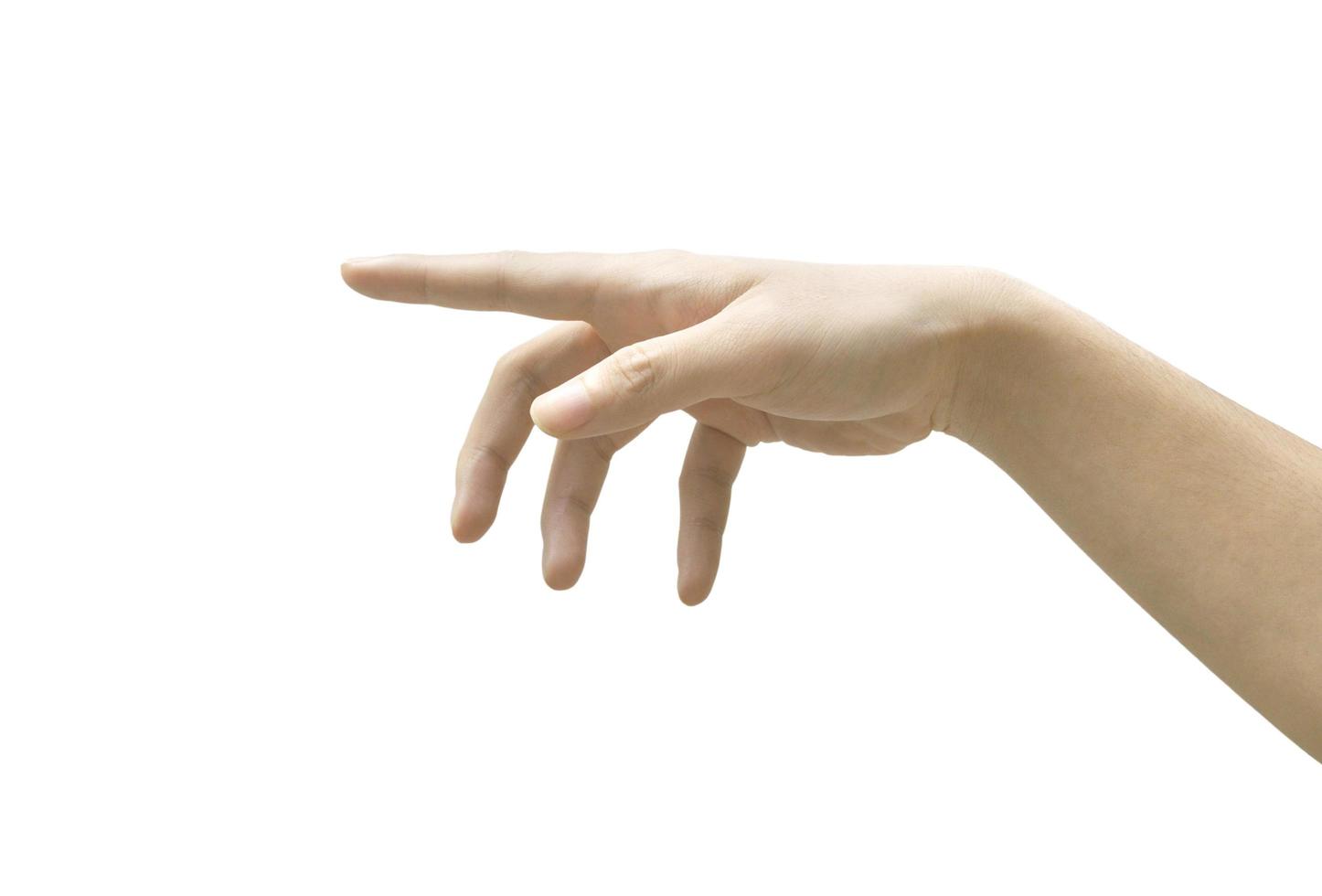 Hand pointing touching or pressing isolated on white photo