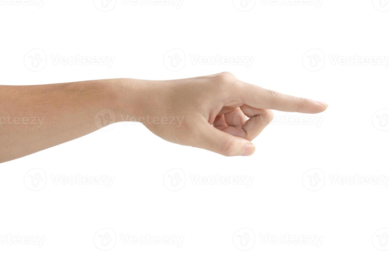 Hand pointing touching or pressing isolated on white photo