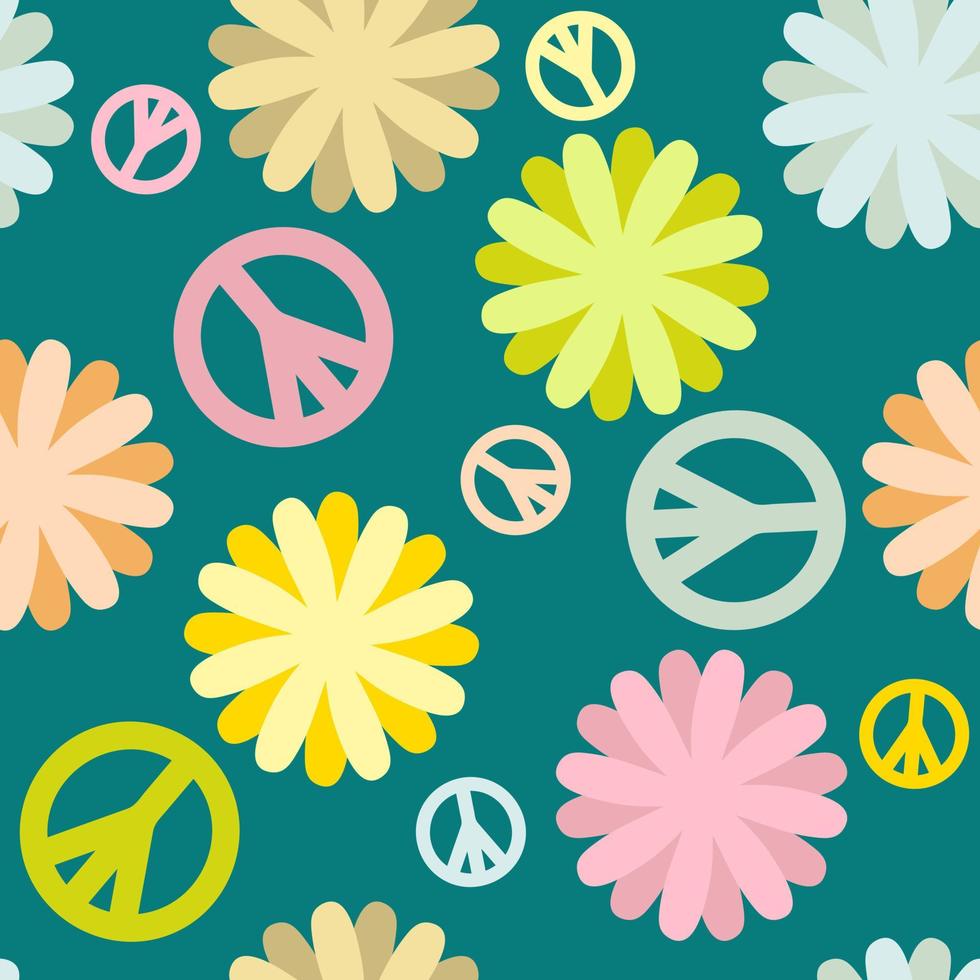 Vintage seamless pattern with symbol of peace and flowers. vector