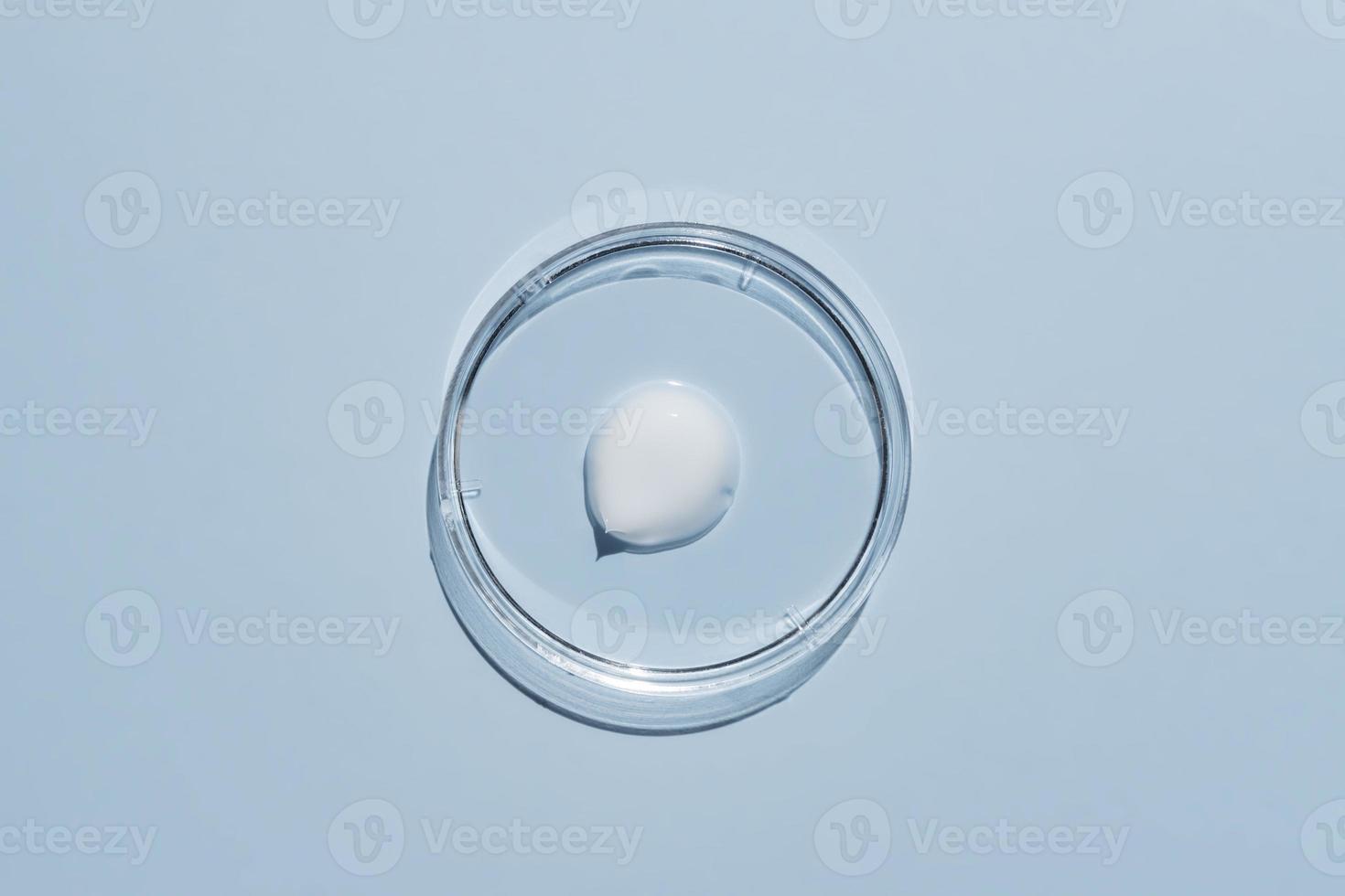 White creamy texture in a Petri dish on a blue background. Concept of cosmetics laboratory research. Smear of skincare cosmetics product. Wellness and beauty concept. top view photo