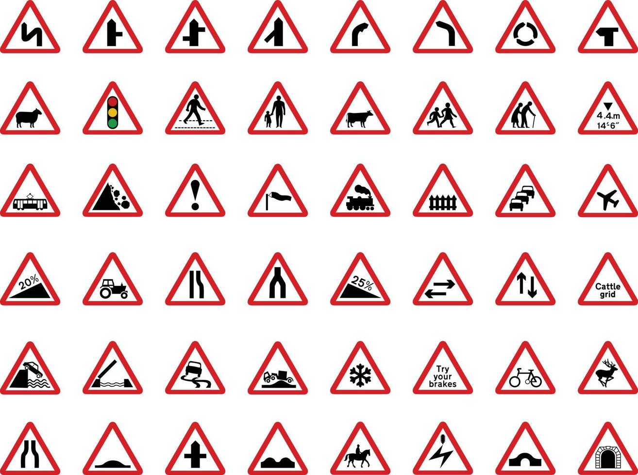 un conjunto de señales de tráfico de advertencia de carretera aislado. vector