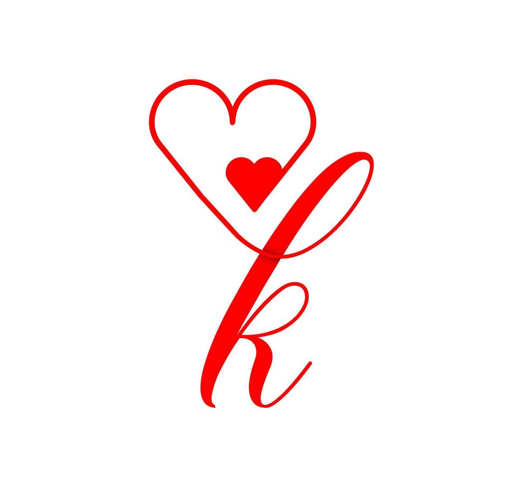 línea de corazón de guión de letra k. desde el corazón. letra k plantilla de logotipo de escritura a mano con amor y decoración en forma de corazón. el primer vector de firma.