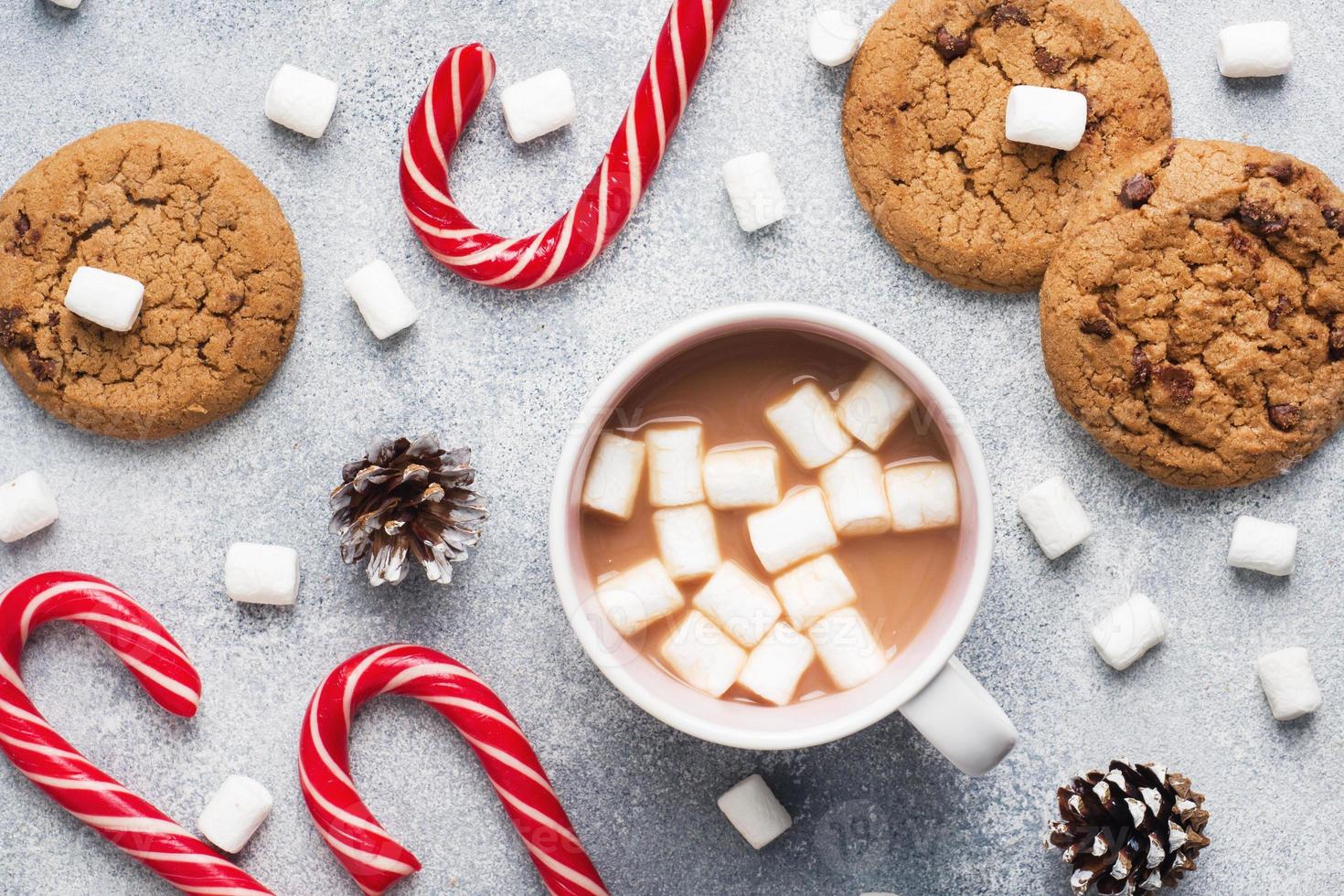 The chocolate chip cookie, Christmas cane caramel Cup cocoa and marshmallow cones Decorations on a gray background. Close up photo