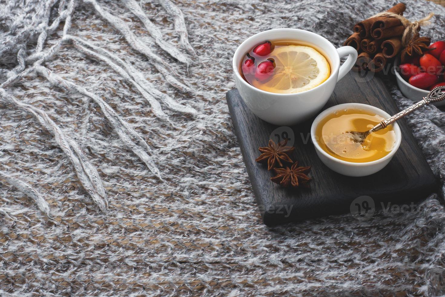 bebida de bayas de rosas silvestres con canela de limón y miel. vitamínica útil decocción de escaramujos. acogedor concepto de hogar de espacio de copia de bebida de invierno foto