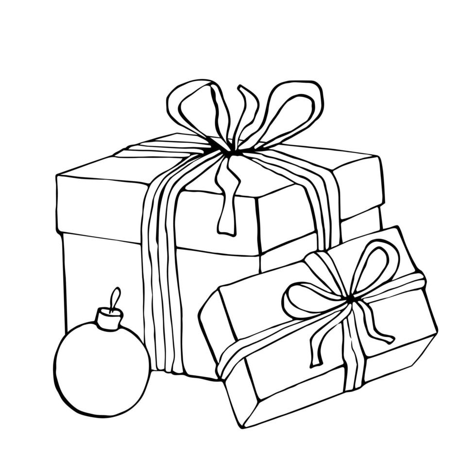 Gift boxes tied with bow sketch. Hand drawn vector doodle illustration.