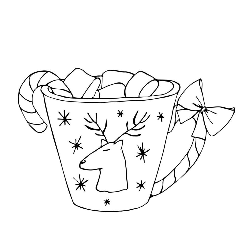 Hand drawn mug with candy and marshmallows. Cozy Christmas doodle sketch illustration. vector