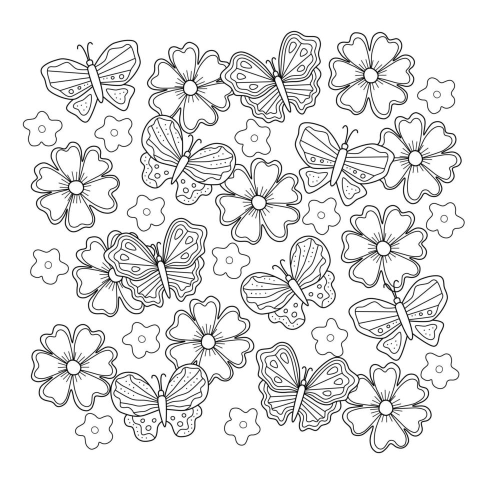 Libro de colorear para niños simples con lindas flores y mariposas. ilustración vectorial con contorno elemental, silueta de plantas, trazo editable vector