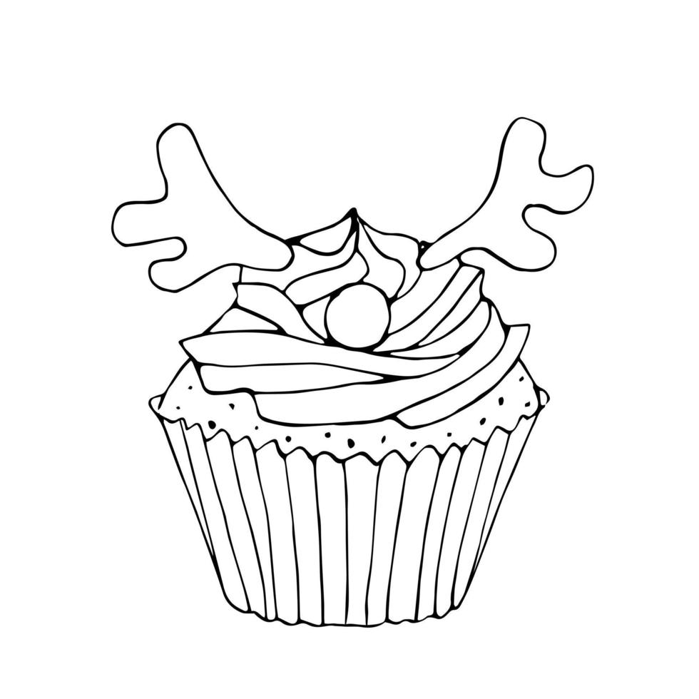 Cupcake in the shape of deer. Doodle of funny holiday treat. vector