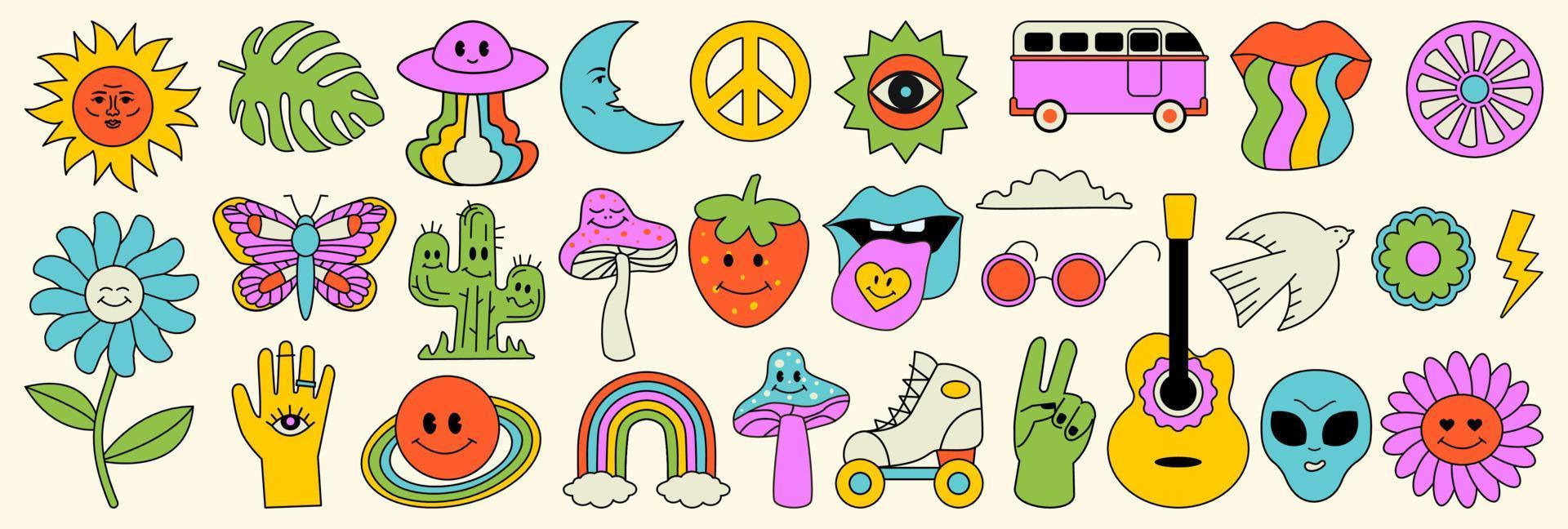 Elements in the hippie style of the 70s, a collection of psychedelic groove. Cartoon funny mushrooms, flowers, butterfly, alien, rainbow, nostalgic colorful set of vector shapes.