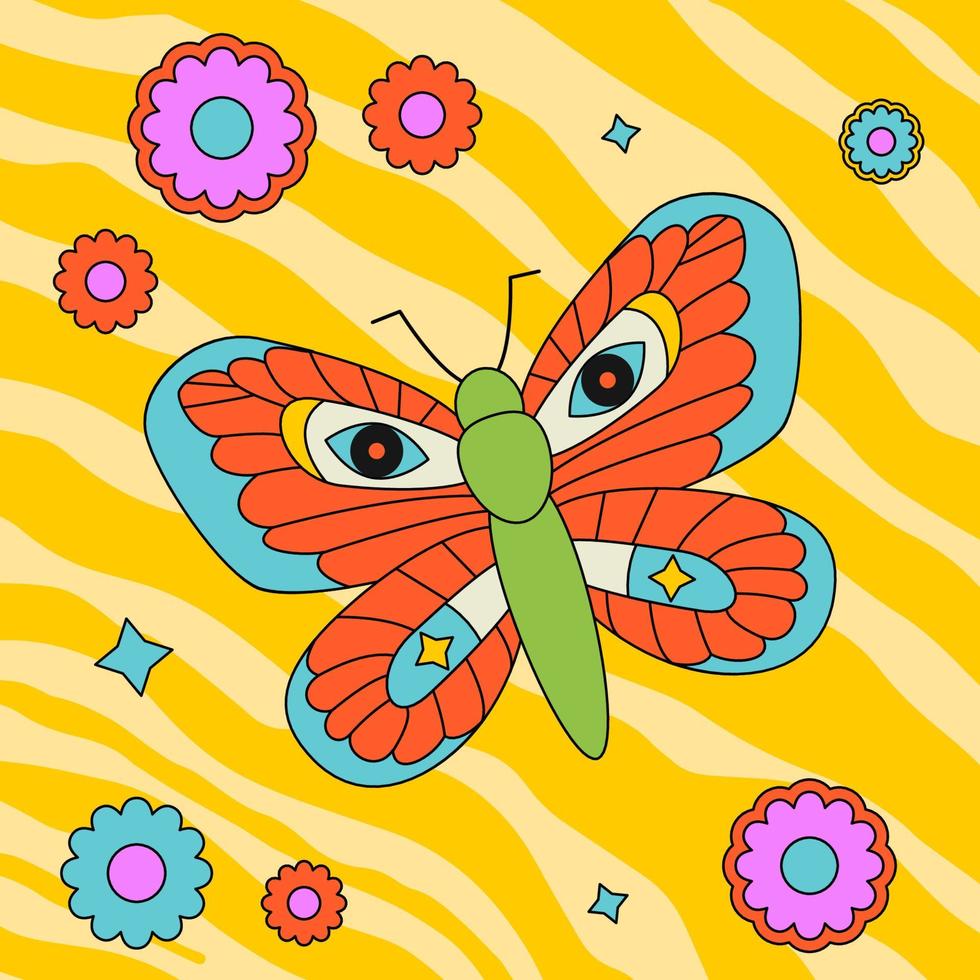 Colourful groovy illustration with butterfly, daisies and stars. Funky outlined patch. vector