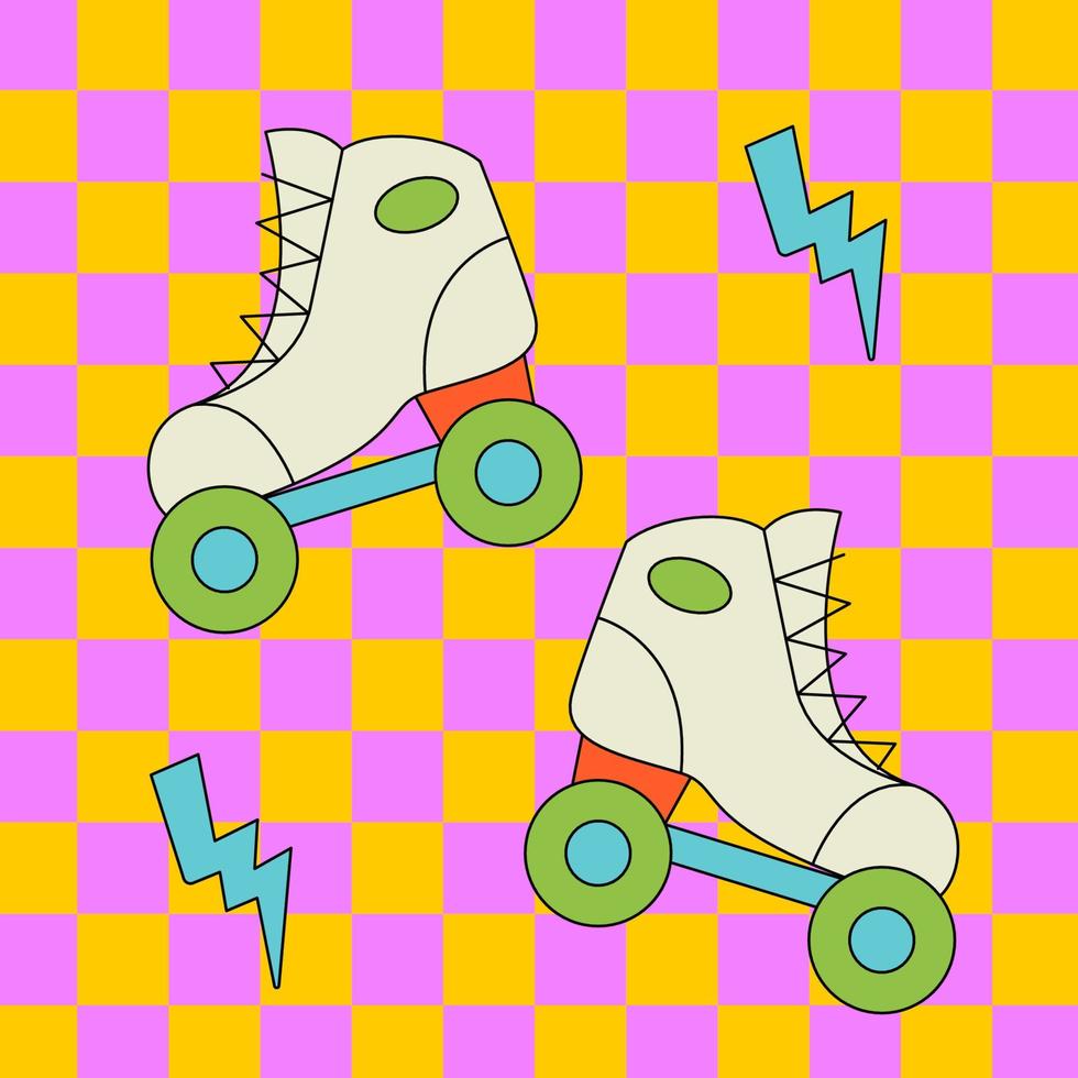Bright groovy illustration with roller skates and lights. Vector trendy outlined patch.