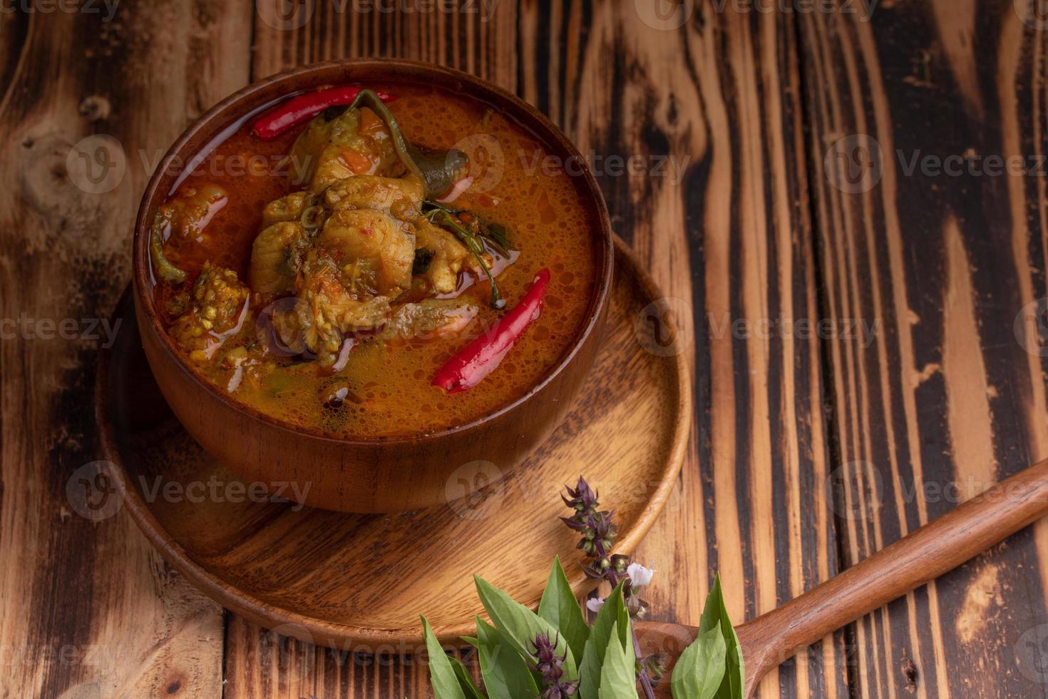 Catfish Curry. Thai food on dark background. Traditional food concept. Top View, Flat Lay, Copy Space photo