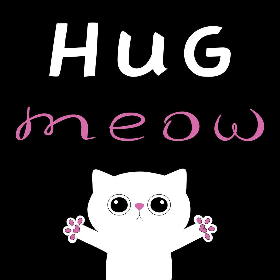 tarjeta de amor dibujada a mano con gato abrazado y compilación de texto. ilustración vectorial de lindo gato blanco sobre fondo negro. tarjeta de amor abrázame gato vector