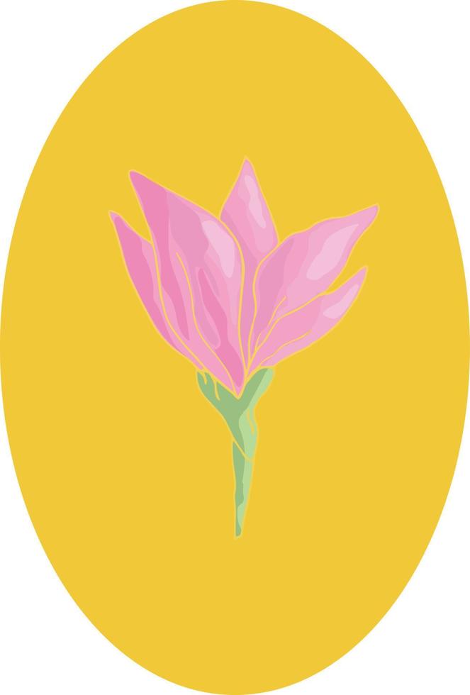 Hand drawn pink flower isolated on yellow oval. Botanical icon. Vector illustration