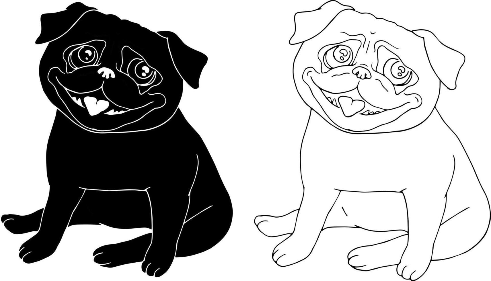 divertidos pugs sentados en colores blanco y negro aislados en fondo blanco. boceto dibujado a mano de un perro. ilustración vectorial simple de una mascota vector