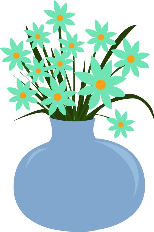 Blue vase with flowers, illustration, vector on a white background.