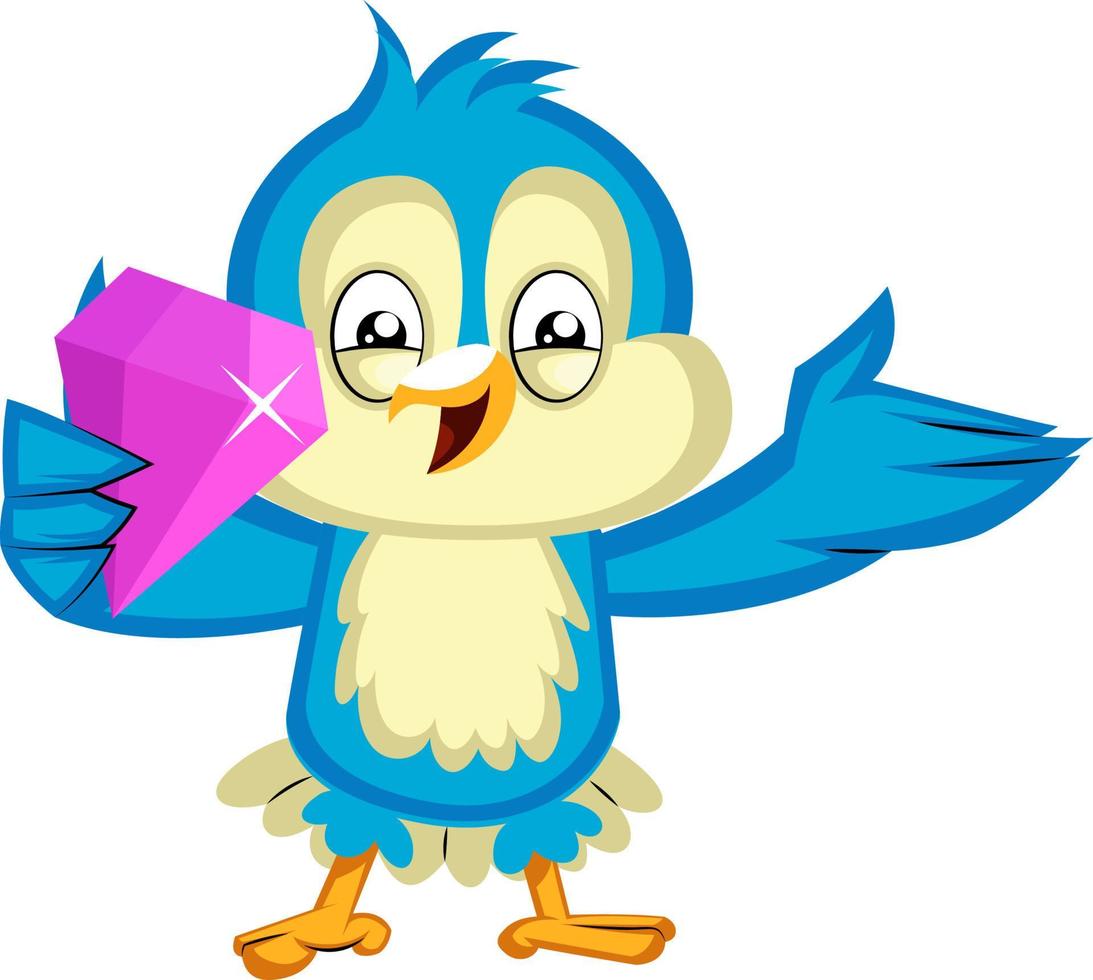 Blue bird is holding a pink diamond, illustration, vector on white background.