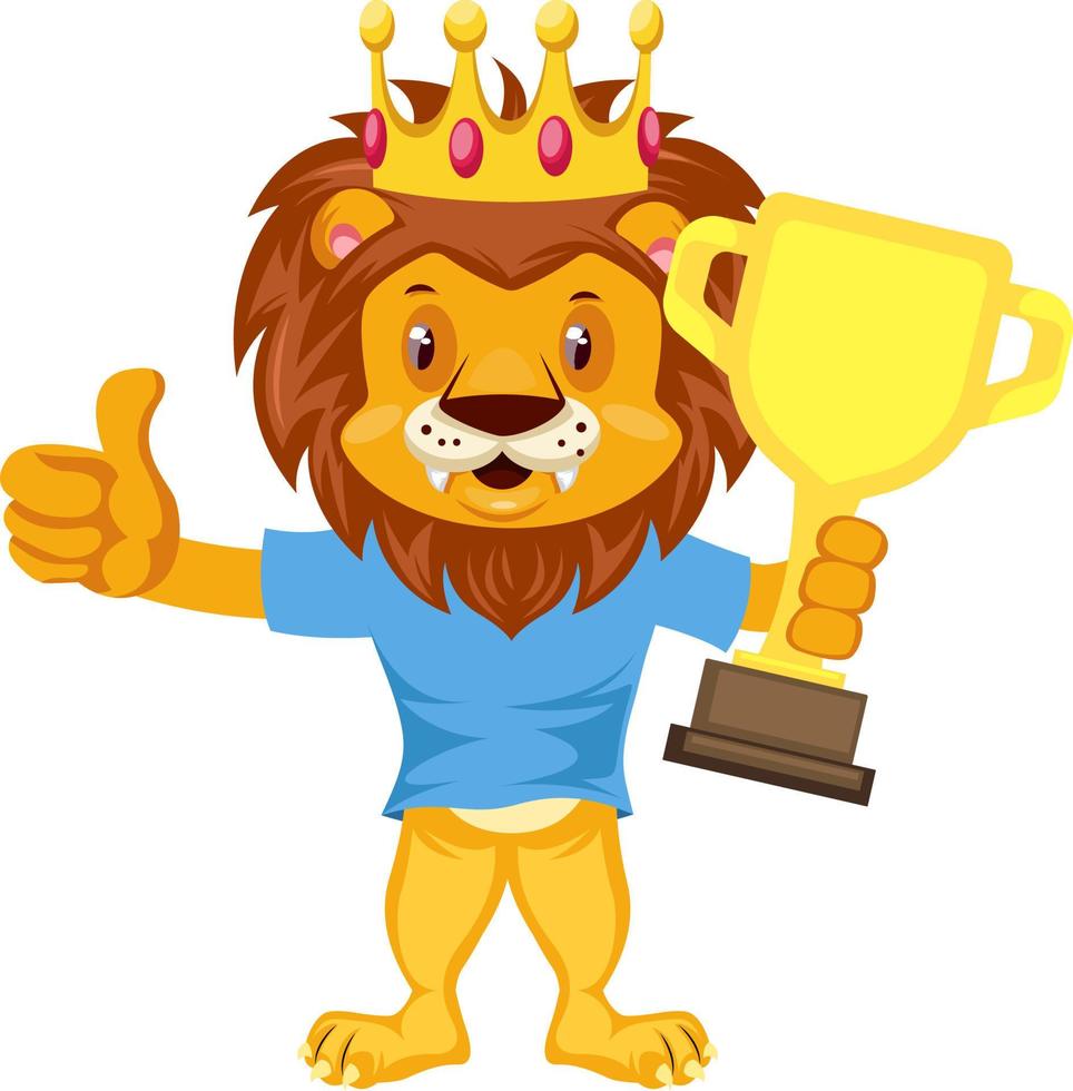 Lion with trophy, illustration, vector on white background.