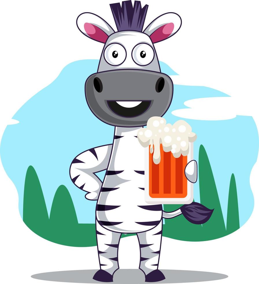 Zebra with beer, illustration, vector on white background.