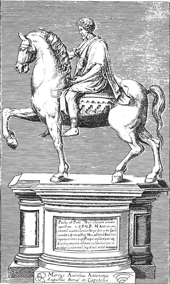 Equestrian statue of Marcus Aurelius, vintage illustration. vector