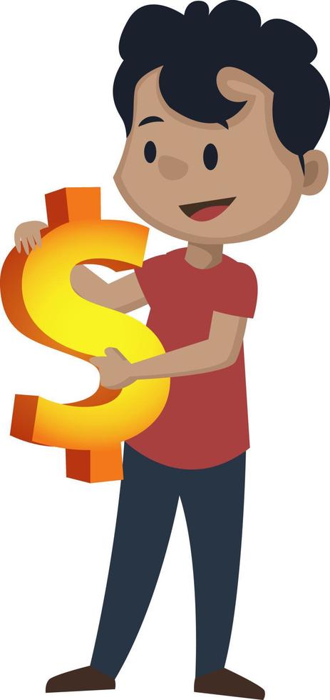 Boy is holding dollar sign, illustration, vector on white background.
