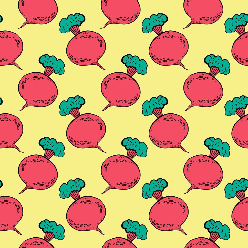 Dotted beet, seamless pattern on yellow background. vector