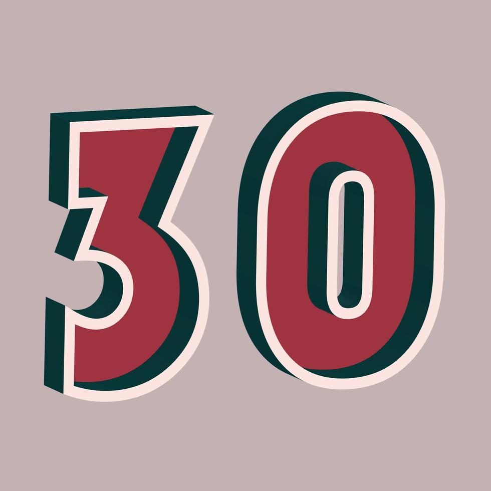 Vector number 30 with 3D effect in retro style. Well red and Deep Teal