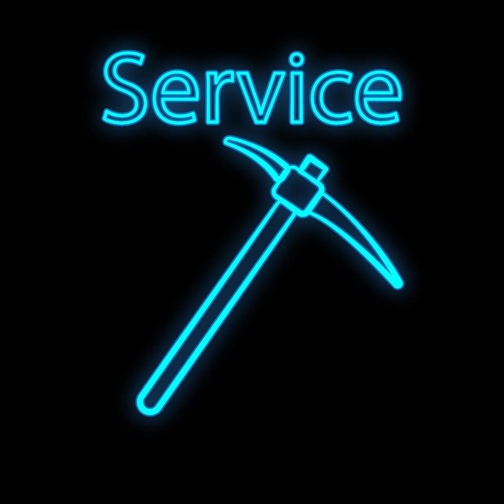 Bright glowing blue construction industrial digital neon sign for service center workshop shop beautiful shiny with miner's pick for repair on black background. Vector illustration