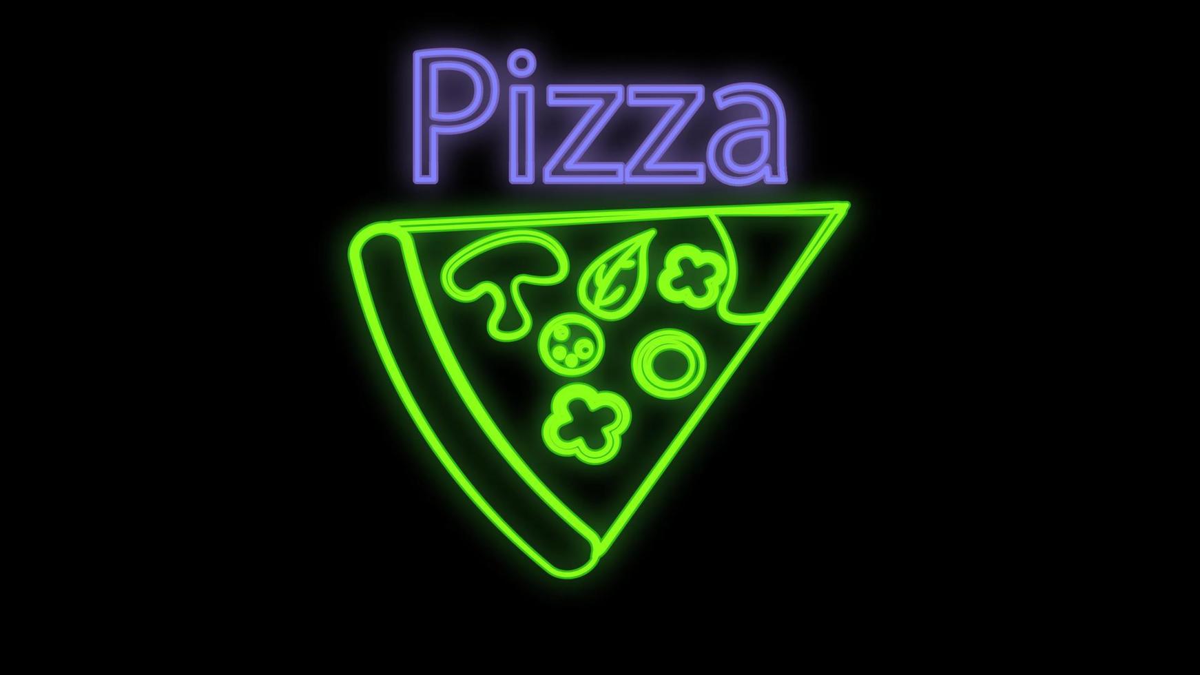 slice of pizza on thin crust, on a black background, vector illustration, neon. green neon sign, signboard with inscription. design of a cafe and restaurant. neon sign